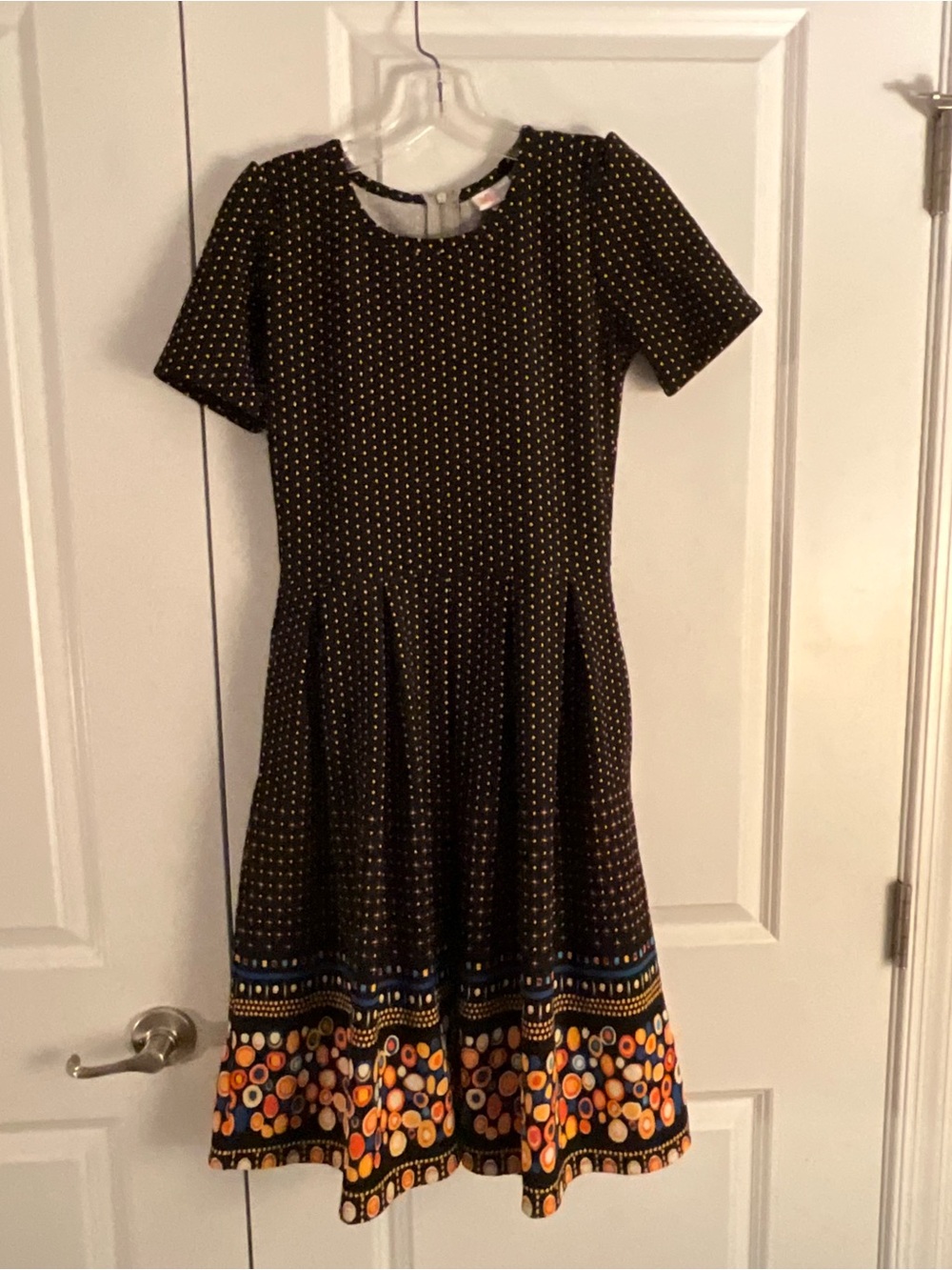 LuLaRoe Black Dot Fit-and-Flare Dress with Orange and Blue Hem size small